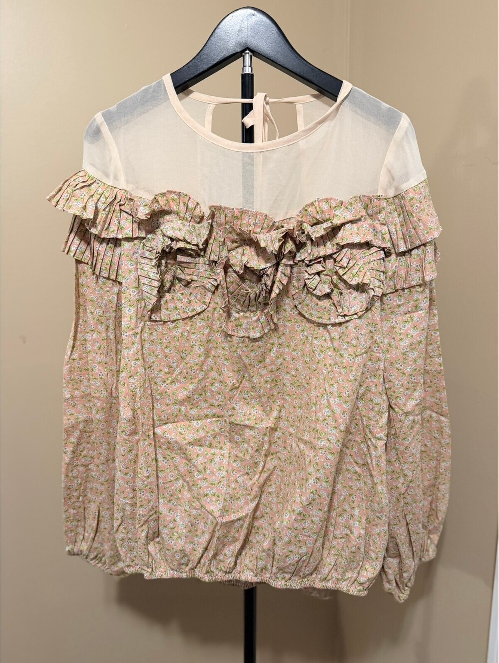 RYU by ModCloth Vintage Twee Ruffle Mesh Floral Blouse Top Size M